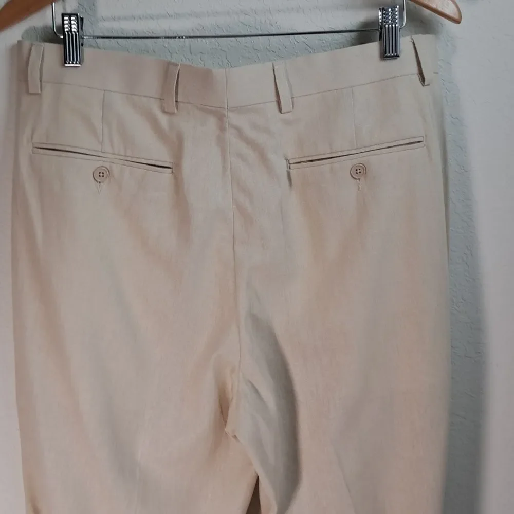 Britches by Samtex Men's Linen Blend Cream Pants 34x32 Front Pleats Cuffed Hem